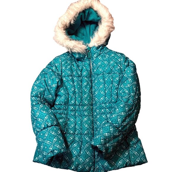 London Fog Girls Puffer Jacket Size 10 Teal Blue Faux Fur Trim Hood Winter Coat